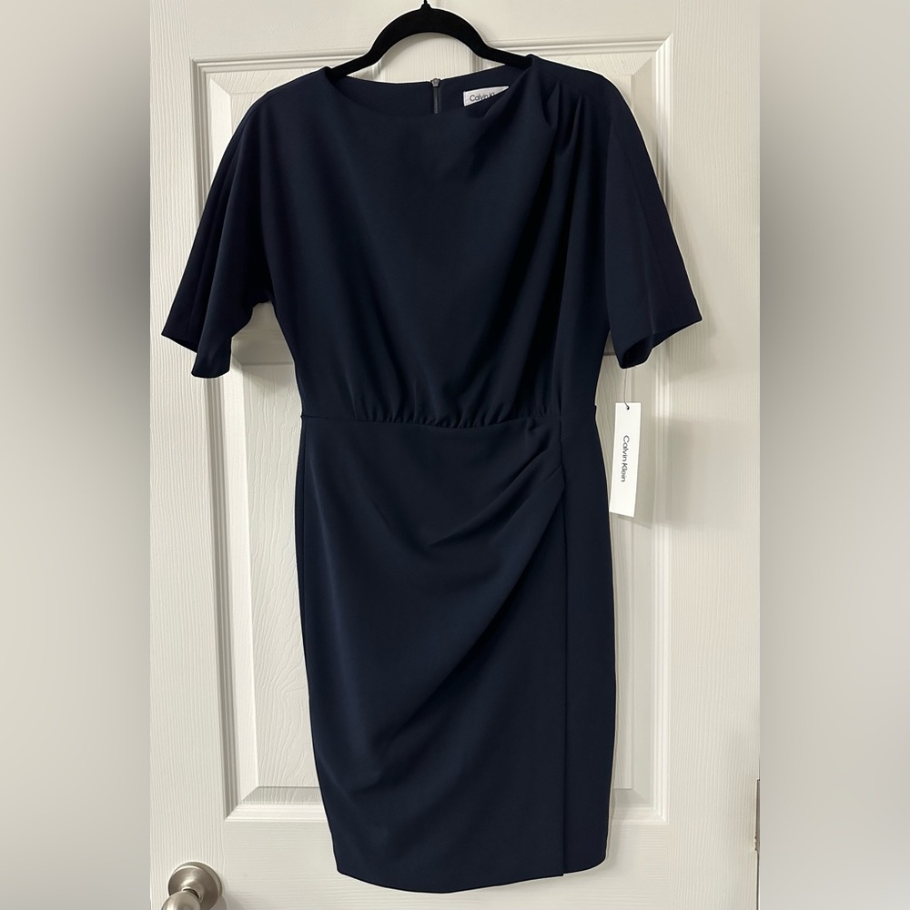 Calvin Klein Women’s Navy Blue Pleated Shoulder Elbow Sleeve Dress Size 4